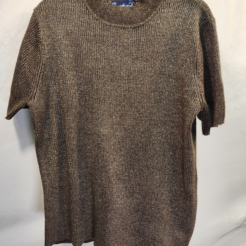 Susan Graver Metallic Brown Short Sleeve Sweater